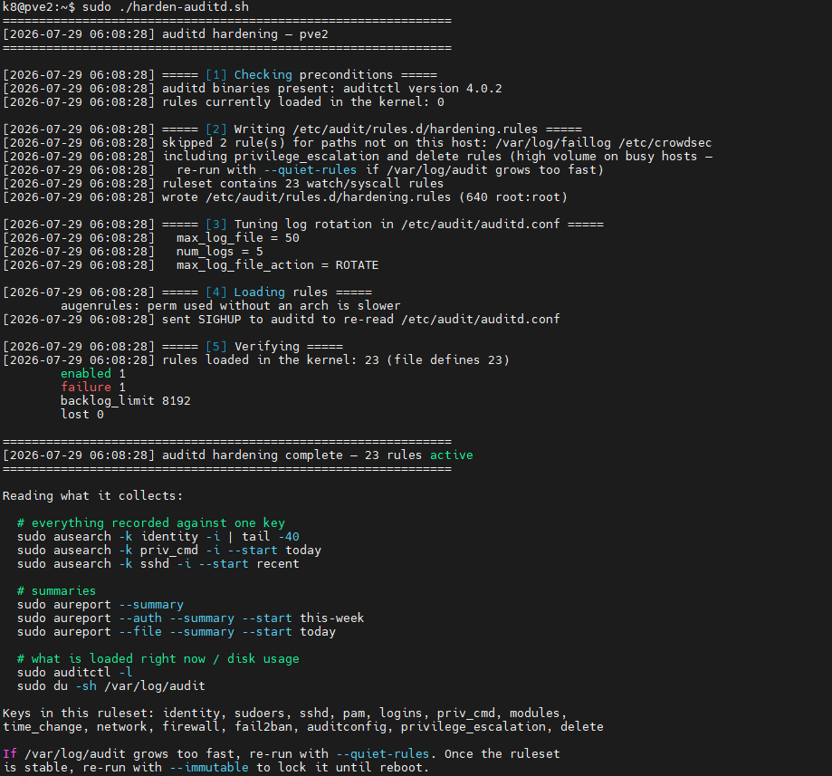 harden-auditd.sh on the Proxmox host