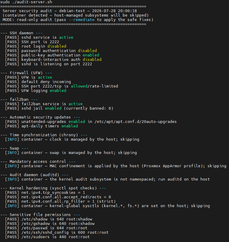 Audit output on the hardened container