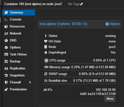 Alpine test container in the Proxmox UI