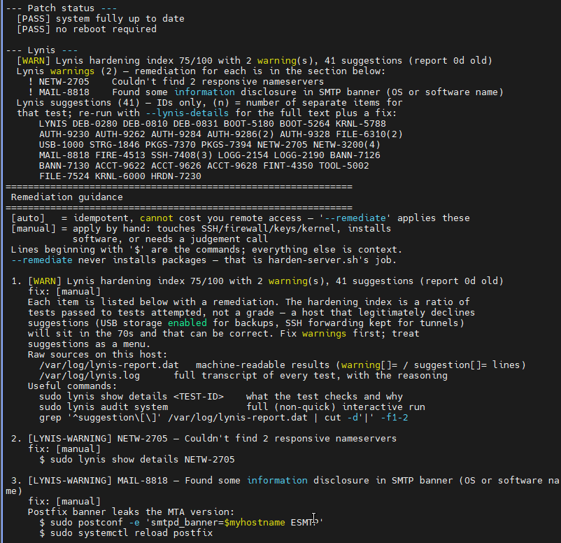 Patch status, Lynis findings and the start of the remediation guidance