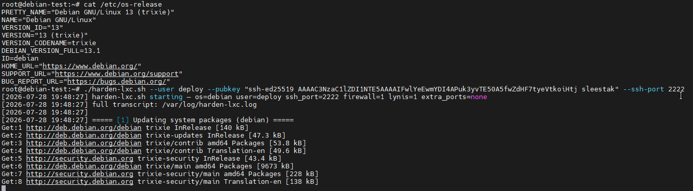 Starting harden-lxc.sh on Debian 13