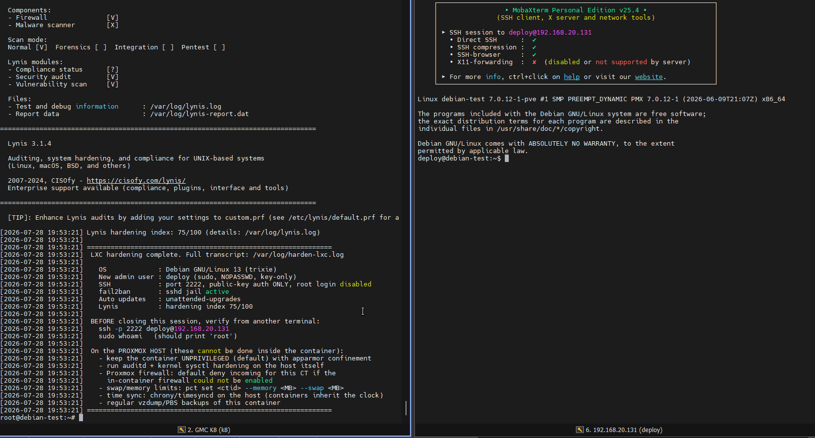 The finished LXC run and a verification login